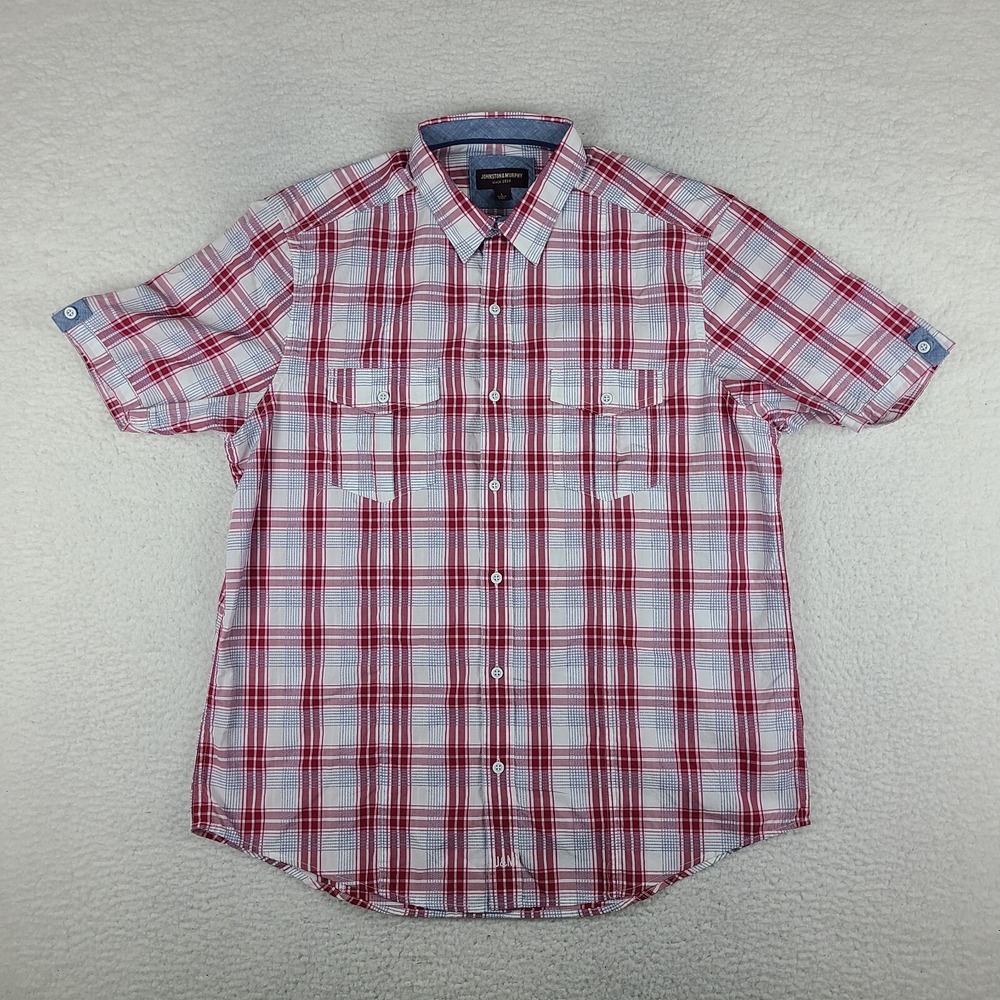 Johnston Murphy Shirt Mens Large Blue Red Plaid Flap Casual Seersucker Button Up